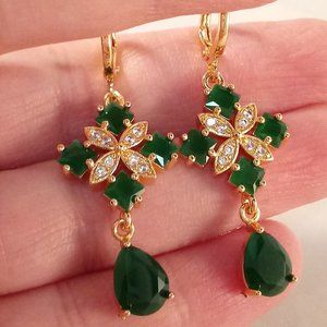 18K Yellow Gold Filled Jade Green Diamond Zircon Flower Dangle Earrings Gift